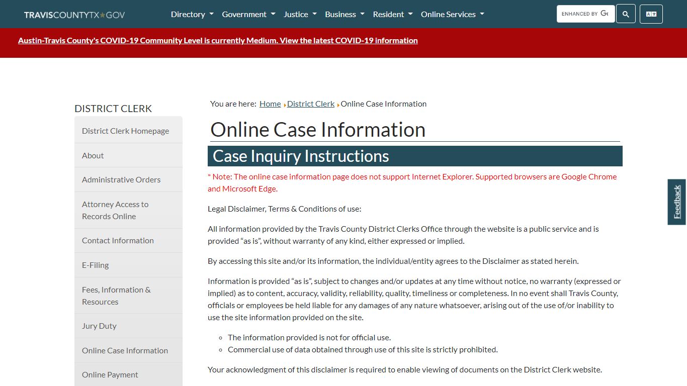 Online Case Information - Travis County, Texas